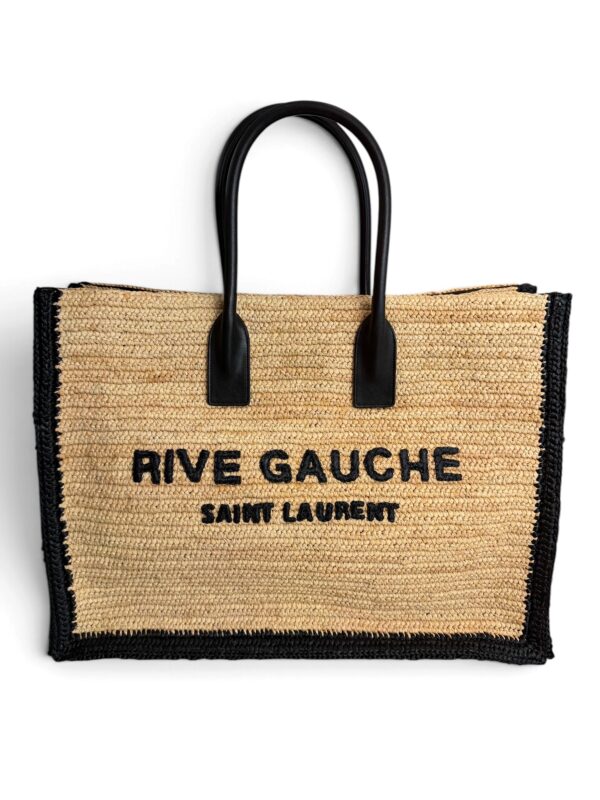 Saint Laurent (YSL) Raffia Calfskin Rive Gauche Tote Naturale Black