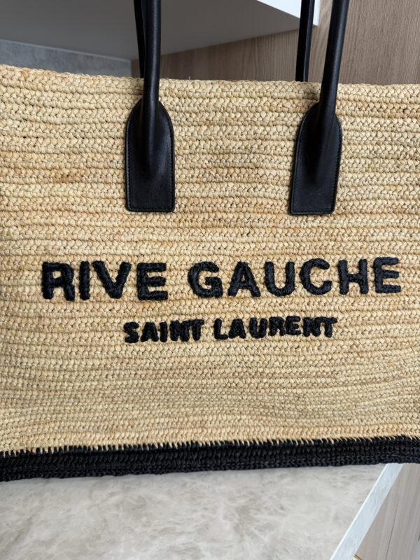 Saint Laurent (YSL) Raffia Calfskin Rive Gauche Tote Naturale Black