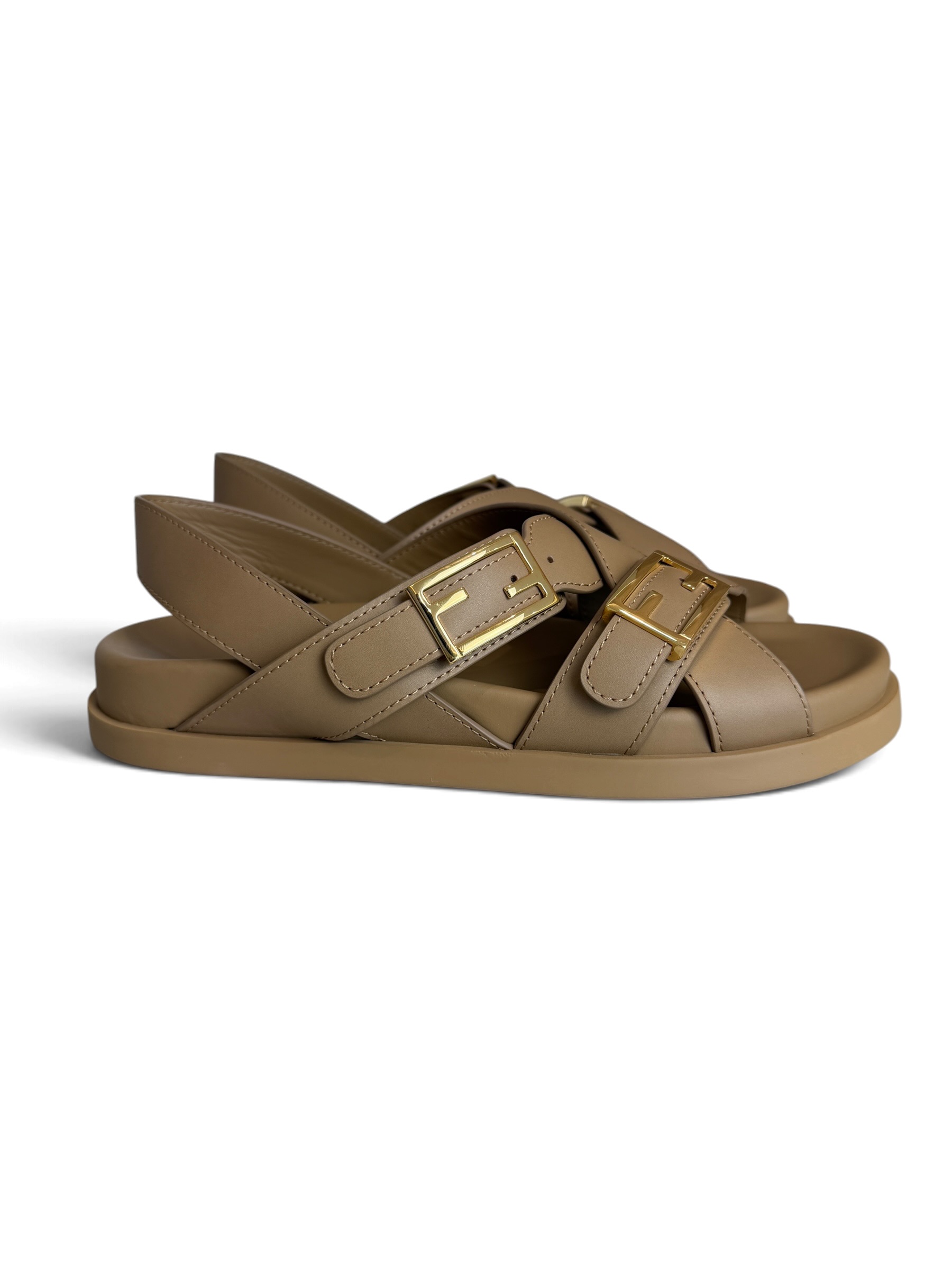 Fendi Black Leather Dad Sandals Size 38 Tan
