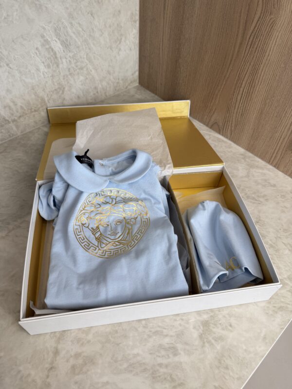 Versace Onsie Romper Size 9-12 with Hat Blue
