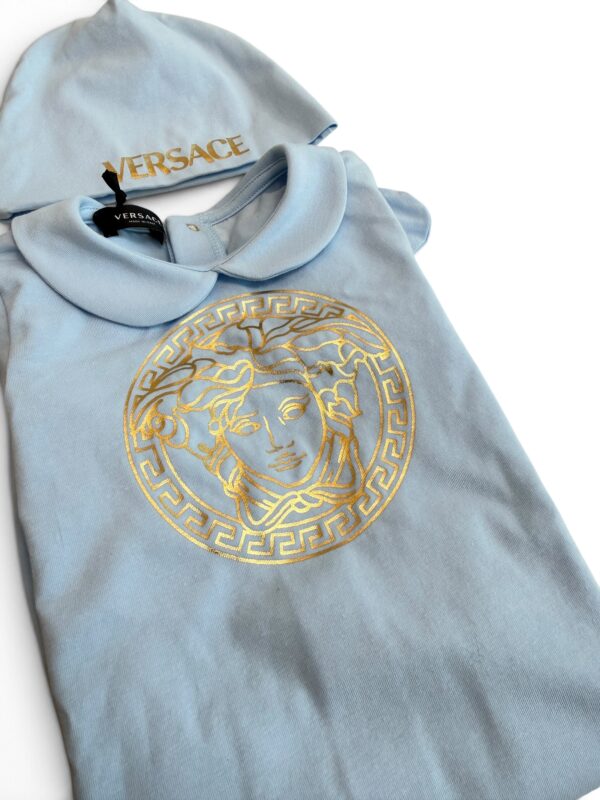 Versace Onsie Romper Size 9-12 with Hat Blue