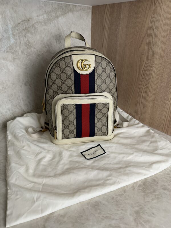Gucci GG Supreme Monogram Calfskin Web Small Ophidia Day Backpack Beige Ebony New Acero